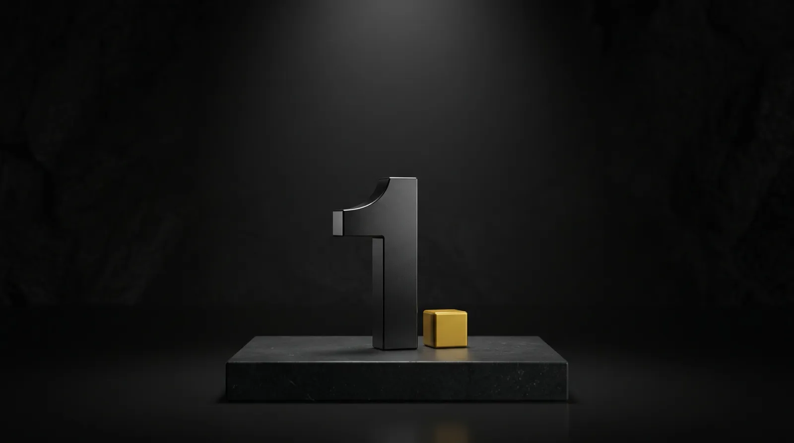 A black metal numeral 1 beside a mustard cube on a stone base, a studio render of the GLP1.partners mark.