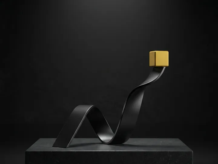 Black metal ribbon rising to a mustard cube, a studio render.