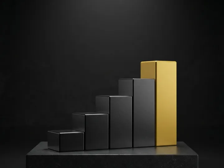 Black blocks rising step by step to a mustard block, a studio render.